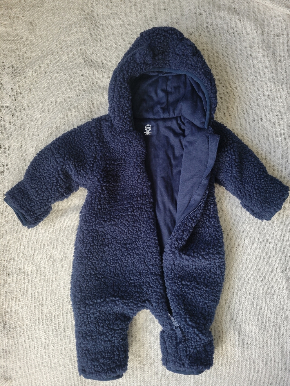 Wonder Nation Navy Sherpa Hooded One-Piece Footed Romper for Baby.